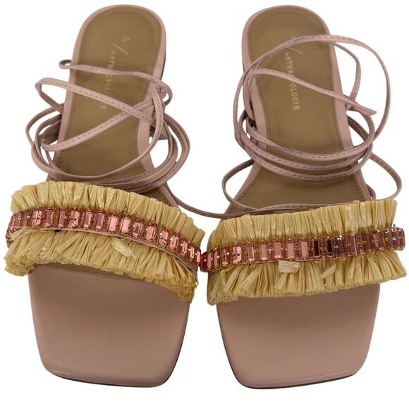 Anthropologie Embellished Tie Up Pink/Rose Raffia Square Toe Sandals New in Box - Picture 3 of 12